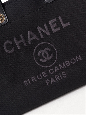 Cha.nel Deauville Large Shopping Bag Mixed Fibers Gold Tone Metal Black A66941