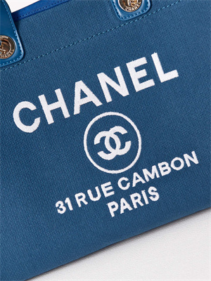 Cha.nel Deauville Large Shopping Bag Mixed Fibers Gold Tone Metal Blue A66941