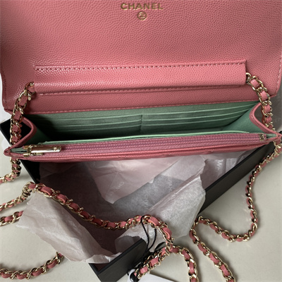 Cha.nel Wallet On Chain Grained Calfskin Gold Tone Metal Pink AP3180