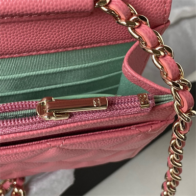 Cha.nel Wallet On Chain Grained Calfskin Gold Tone Metal Pink AP3180
