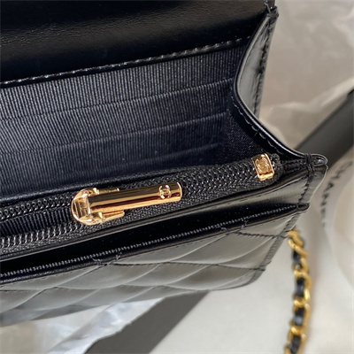 Cha.nel Wallet On Chain With Handel Shinny Calfskin Gold Tone Metal Black AP3240