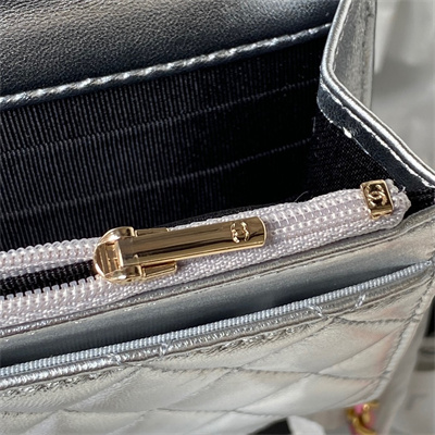 Cha.nel Wallet On Chain With Handel Shinny Calfskin Gold Tone Metal Silver AP3240