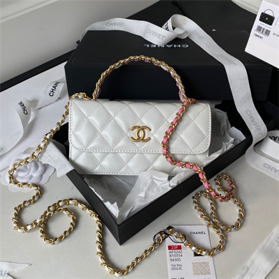 Cha.nel Wallet On Chain With Handel Shinny Calfskin Gold Tone Metal White AP3242