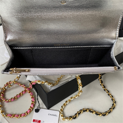 Cha.nel Wallet On Chain With Handel Shinny Calfskin Gold Tone Metal Silver AP3242