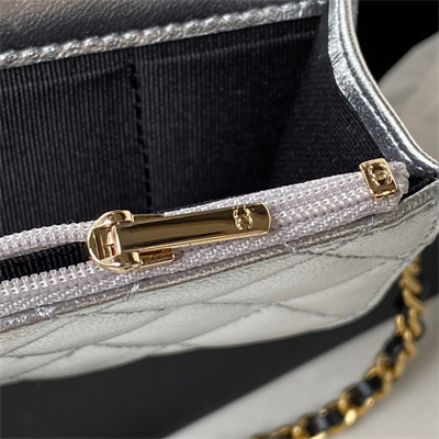 Cha.nel Wallet On Chain With Handel Shinny Calfskin Gold Tone Metal Silver AP3242