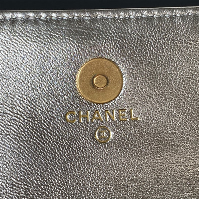Cha.nel Wallet On Chain With Handel Shinny Calfskin Gold Tone Metal Silver AP3242