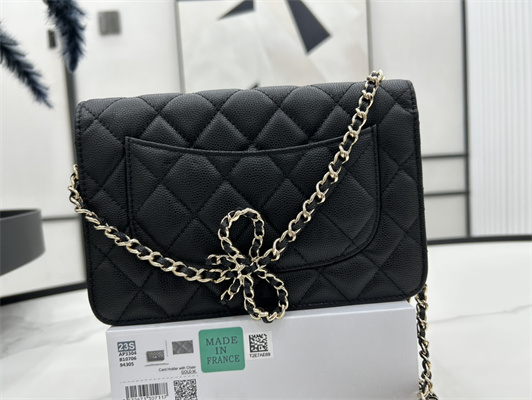 Cha.nel Wallet On Chain With Bowknot Grained Calfskin Gold Tone Metal Black AP3304