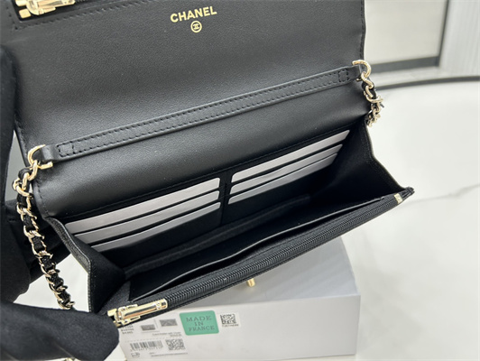 Cha.nel Wallet On Chain With Bowknot Grained Calfskin Gold Tone Metal Black AP3304