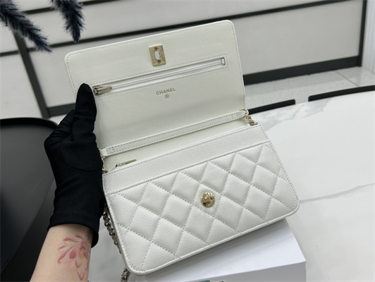 Cha.nel Wallet On Chain With Bowknot Grained Calfskin Gold Tone Metal White AP3304