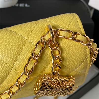 Cha.nel Wallet On Chain Grained Calfskin Gold Tone Metal Yellow AP3318