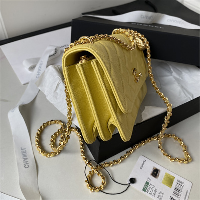 Cha.nel Wallet On Chain Grained Calfskin Gold Tone Metal Yellow AP3318
