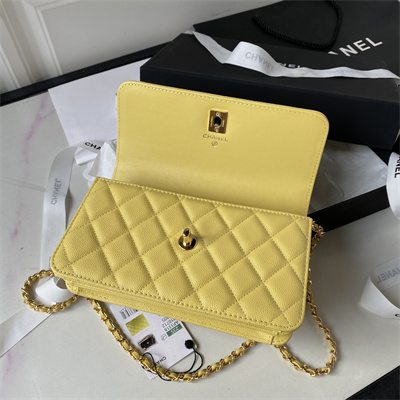 Cha.nel Wallet On Chain Grained Calfskin Gold Tone Metal Yellow AP3318