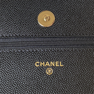 Cha.nel Wallet On Chain Grained Calfskin Gold Tone Metal Black AP3336