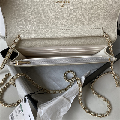 Cha.nel Wallet On Chain Grained Calfskin Gold Tone Metal Cream AP3336