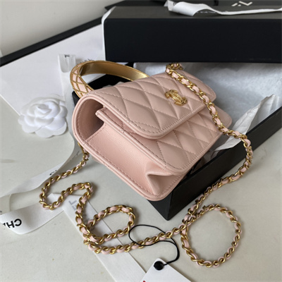 Cha.nel Wallet On Chain With Top Handle Shiny Calfskin Gold Tone Metal Pink AP3385