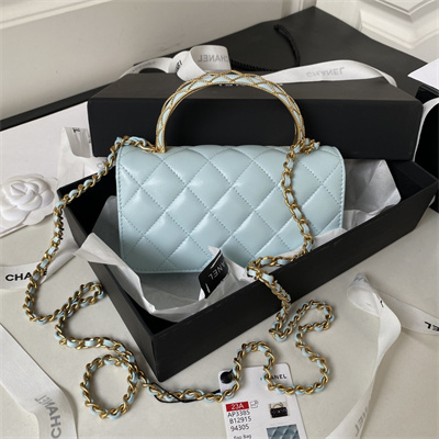 Cha.nel Wallet On Chain With Top Handle Shiny Calfskin Gold Tone Metal Light Blue AP3385