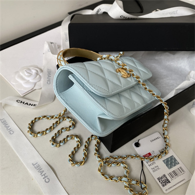 Cha.nel Wallet On Chain With Top Handle Shiny Calfskin Gold Tone Metal Light Blue AP3385