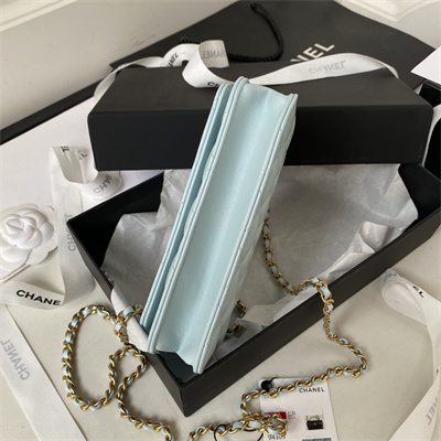 Cha.nel Wallet On Chain With Top Handle Shiny Calfskin Gold Tone Metal Light Blue AP3385