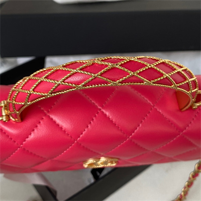 Cha.nel Wallet On Chain With Top Handle Shiny Calfskin Gold Tone Metal Peach Blossom AP3385