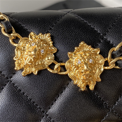 Cha.nel Wallet On Chain Lambskin Gold Tone Metal Little lion Black AP3424