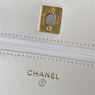 Cha.nel Wallet On Chain With Top Handle Lambskin Gold Tone Metal White AP3504