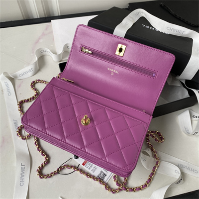 Cha.nel Wallet On Chain With Top Handle Lambskin Gold Tone Metal Purple AP3504