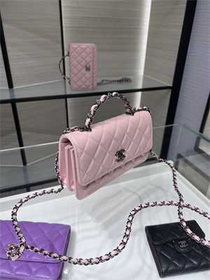 Cha.nel Wallet On Chain With Top Handle Shiny Calfskin Silver Tone Metal Pink AP3566