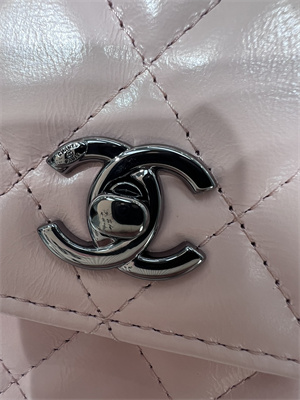 Cha.nel Wallet On Chain With Top Handle Shiny Calfskin Silver Tone Metal Pink AP3566