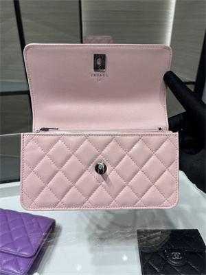 Cha.nel Wallet On Chain With Top Handle Shiny Calfskin Silver Tone Metal Pink AP3566