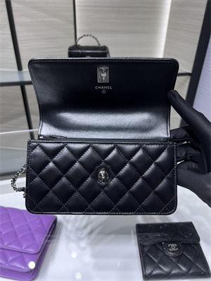 Cha.nel Wallet On Chain With Top Handle Shiny Calfskin Silver Tone Metal Black AP3566