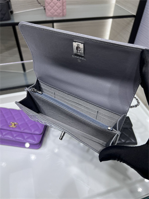 Cha.nel Wallet On Chain With Top Handle Shiny Calfskin Silver Tone Metal Grey AP3566