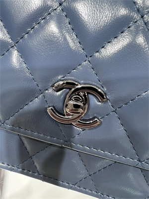 Cha.nel Wallet On Chain With Top Handle Shiny Calfskin Silver Tone Metal Blue AP3566