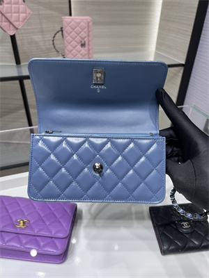 Cha.nel Wallet On Chain With Top Handle Shiny Calfskin Silver Tone Metal Blue AP3566