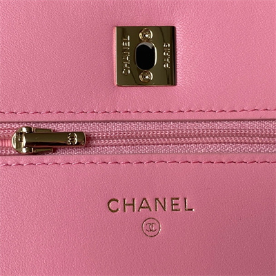 Cha.nel Wallet On Chain With Top Handle Lambskin Gold Tone Metal Pink AP3574
