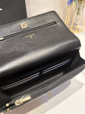 Cha.nel Wallet On Chain With Top Handle Lambskin Gold Tone Metal Black AP3574