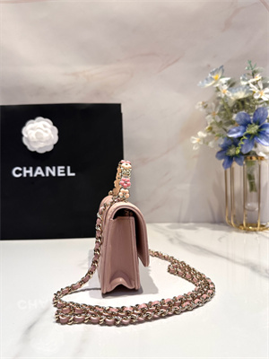 Cha.nel Wallet On Chain With Top Handle Lambskin Gold Tone Metal Light Pink AP3575
