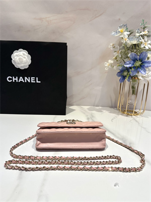 Cha.nel Wallet On Chain With Top Handle Lambskin Gold Tone Metal Light Pink AP3575