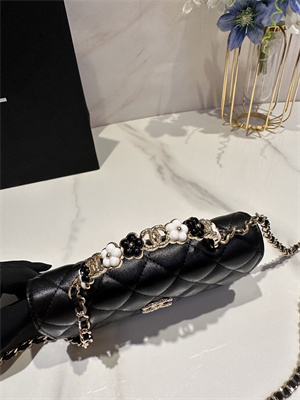 Cha.nel Wallet On Chain With Top Handle Lambskin Gold Tone Metal Black AP3575