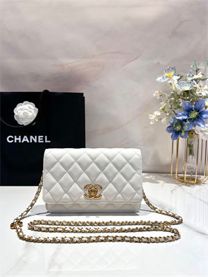Cha.nel Wallet On Chain Grained Calfskin Gold Tone Metal White AP3580