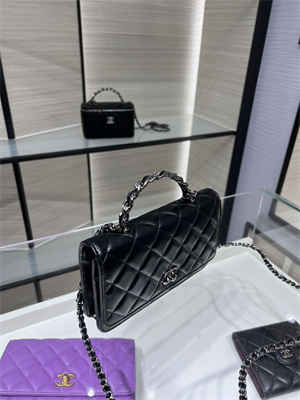 Cha.nel Wallet On Chain With Top Handle Shiny Calfskin Silver Tone Metal Black AP3645