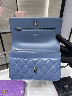 Cha.nel Wallet On Chain With Top Handle Shiny Calfskin Silver Tone Metal Blue AP3645