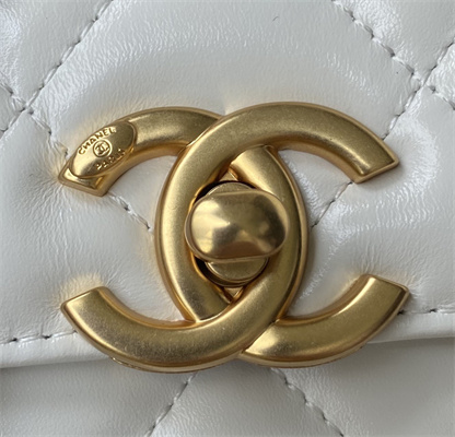 Cha.nel Mini Flap Bag Calfskin With Gold Ball Gold Tone Metal White AS2615