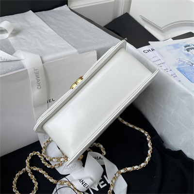 Cha.nel Mini Flap Bag Calfskin With Gold Ball Gold Tone Metal White AS2615