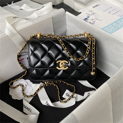 Cha.nel Mini Flap Bag Calfskin With Gold Ball Gold Tone Metal Black AS2615