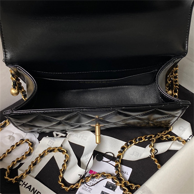 Cha.nel Mini Flap Bag Calfskin With Gold Ball Gold Tone Metal Black AS2615