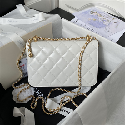 Cha.nel Small Flap Bag Calfskin With Gold Ball Gold Tone Metal White AS2649