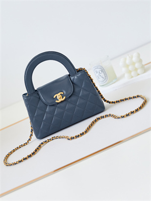 Cha.nel Mini Shopping Bag Kelly Bag Shiny Aged Calfskin Gold-Tone Metal Blue AS4416
