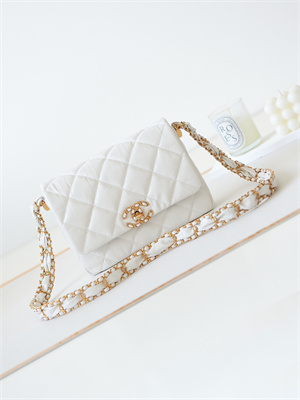Cha.nel Flap Bag Aged Calfskin Gold Tone Metal White AS4423