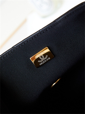 Cha.nel Flap Bag Aged Calfskin Gold Tone Metal Black AS4423