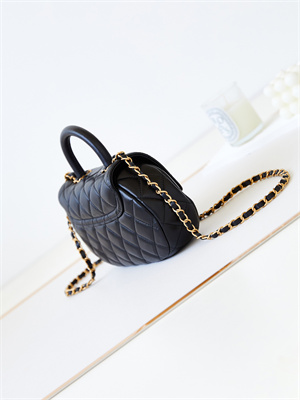 Cha.nel Flap Bag With Top Handle Lambskin Gold Tone Metal Black AS4569